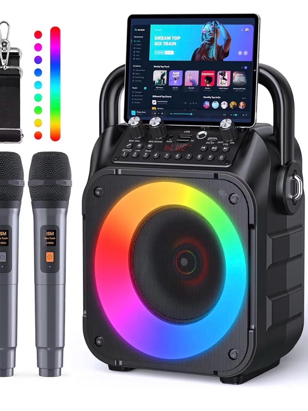 Portable Bluetooth Party Speaker with RGB Light Ring - Black